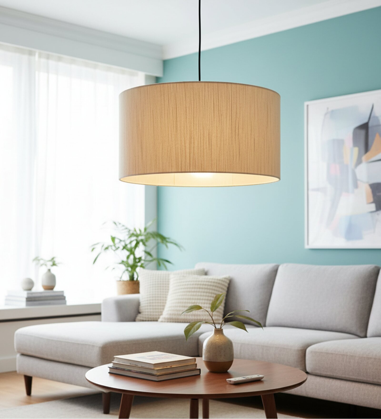 18-Inch Cream Texture Fabric Drum Pendant Light, Modern Hanging Ceiling Lamp
