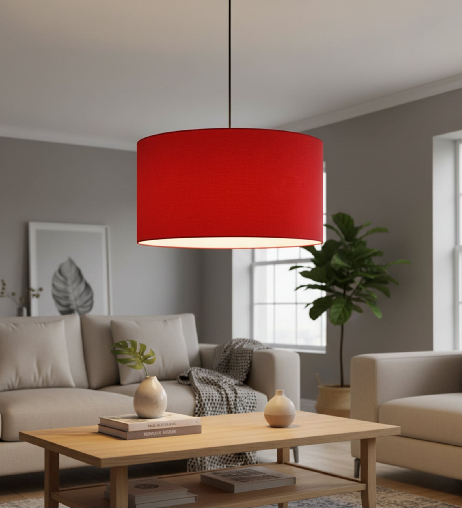 18-Inch Red Fabric Drum Pendant Light, Modern Hanging Ceiling Lamp