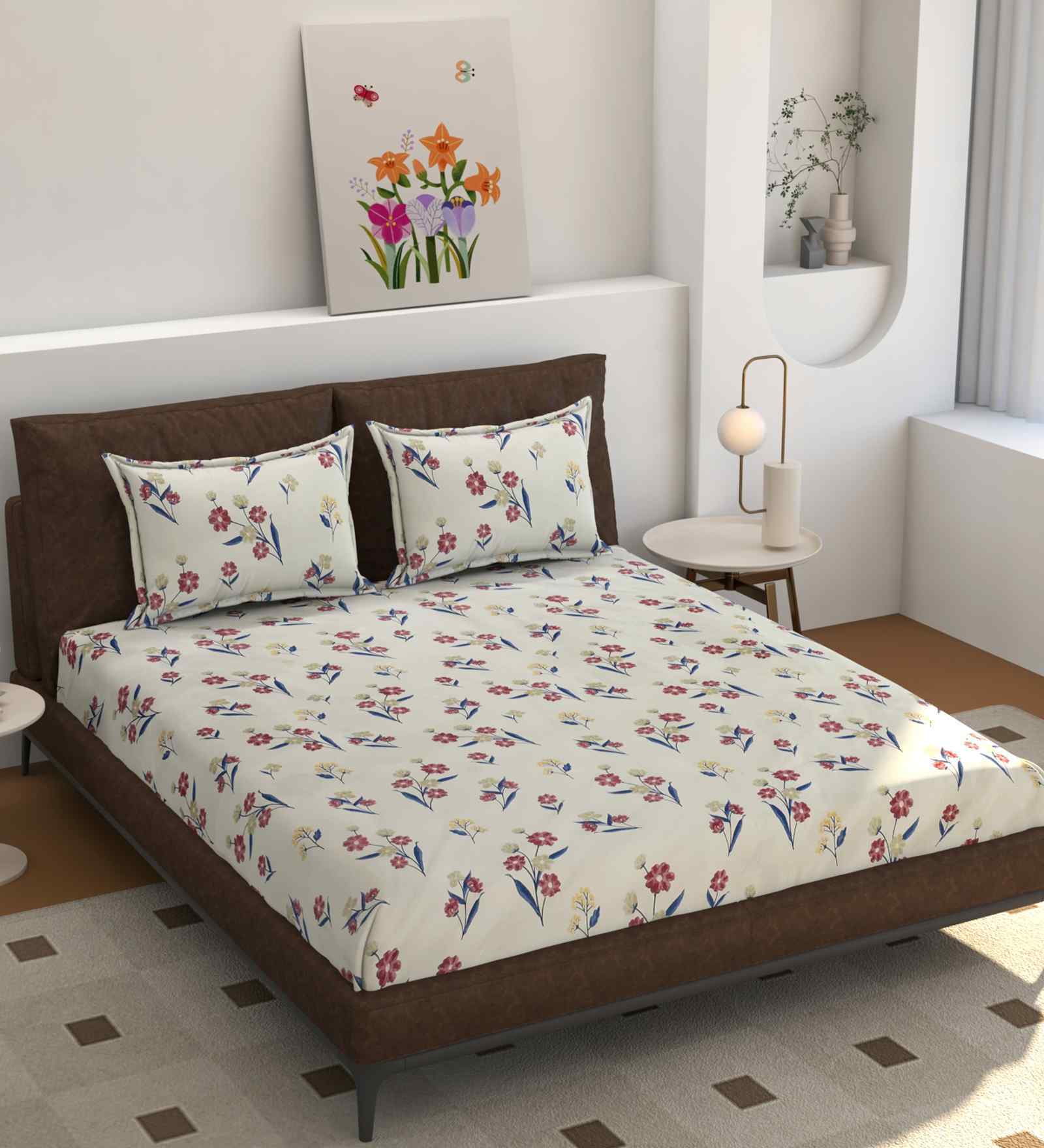 180 TC Microfiber Floral  Double Bedsheet with 2 Pillow Covers (Maroon, 245x228 CM)