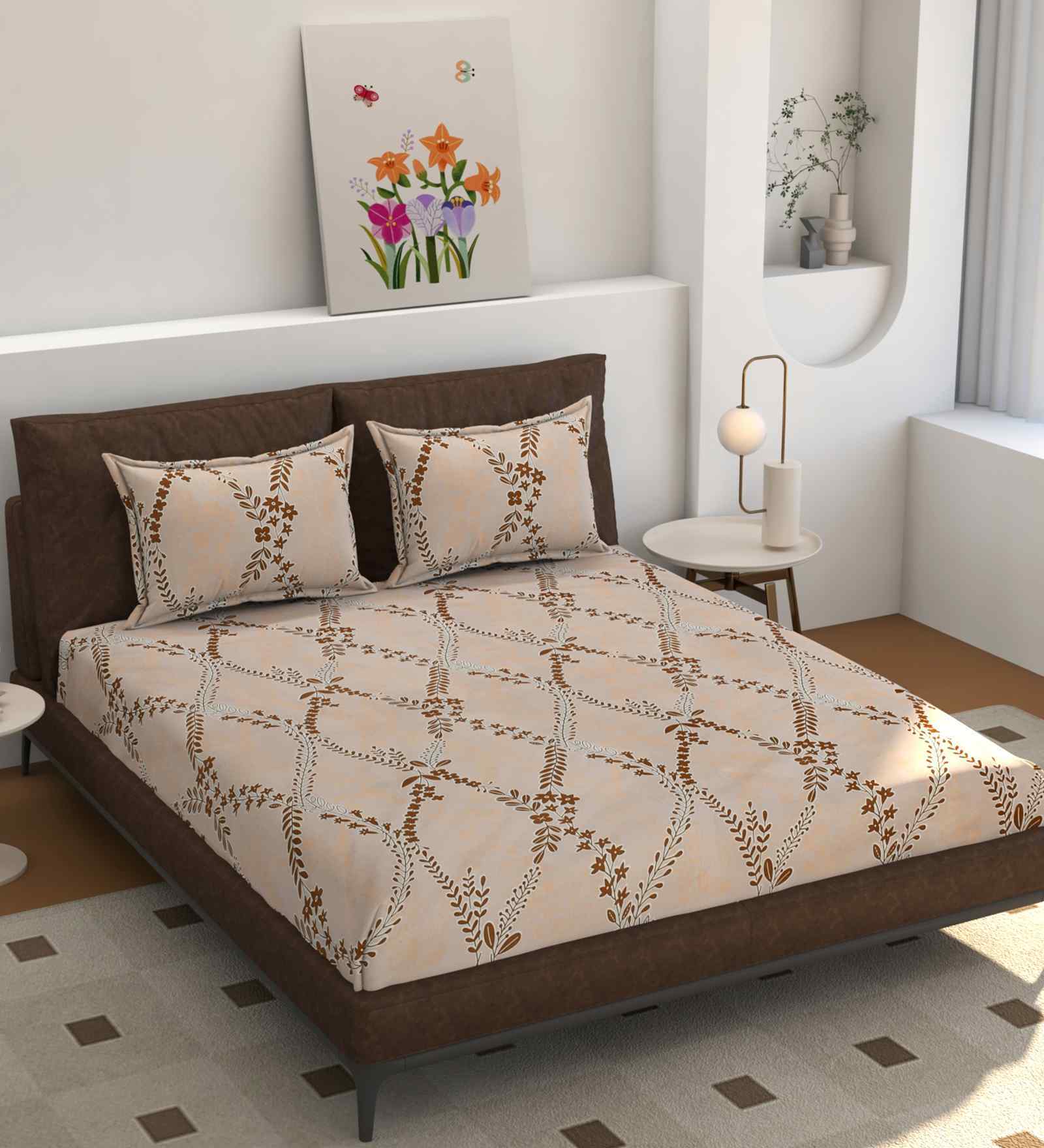 180 TC Microfiber Floral  Double Bedsheet with 2 Pillow Covers (Peach, 245x228 CM)