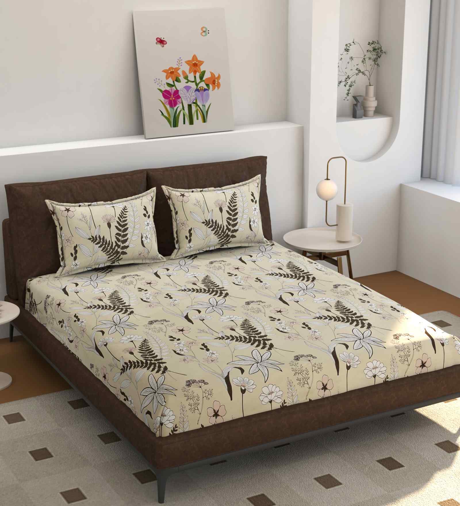 180 TC Microfiber Floral  Single  Bedsheet with 1 Pillow Cover (Cream, 155x228 CM)