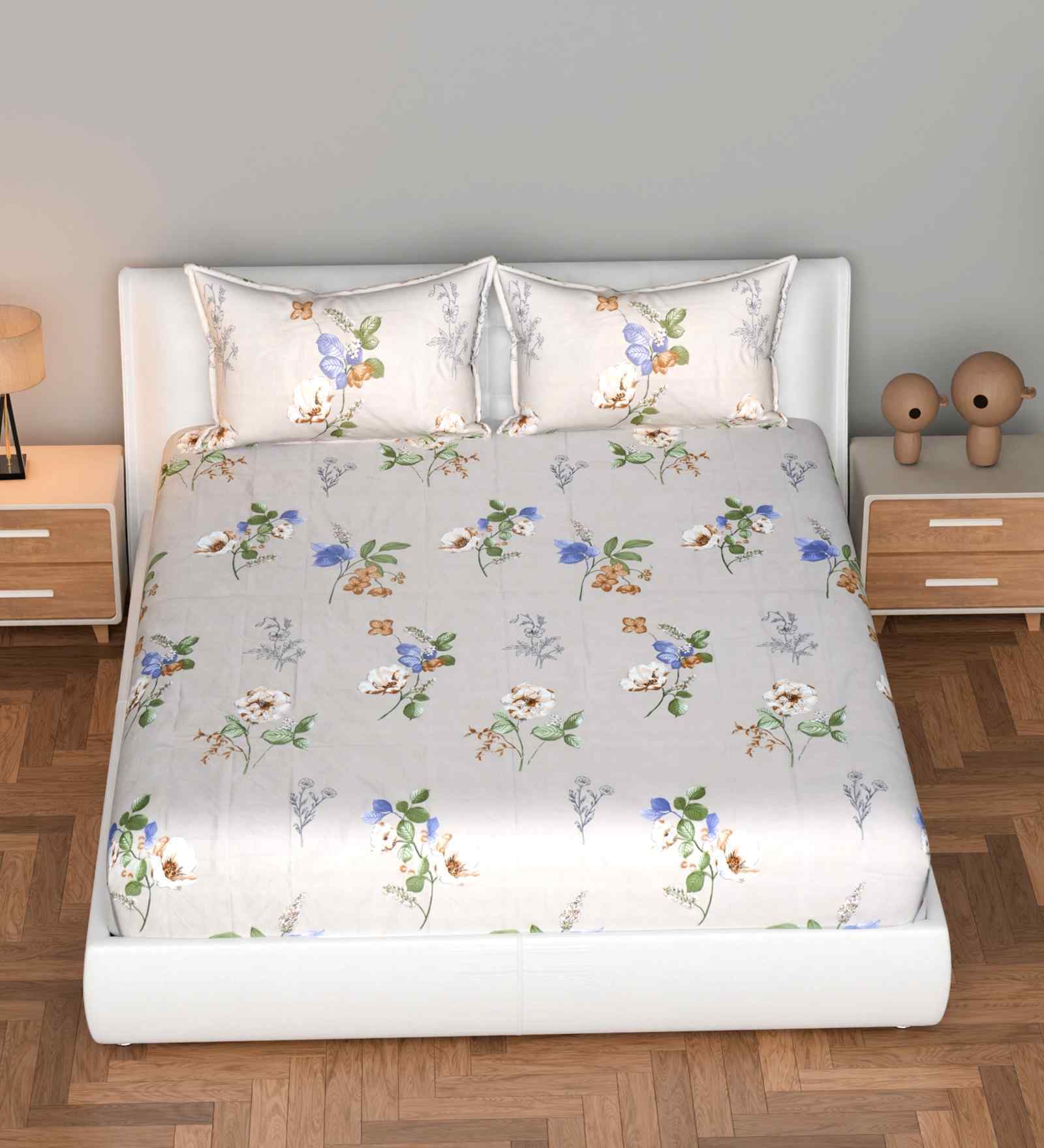 180 TC Microfiber Floral Fitted Bedsheet with 2 Pillow Covers (Beige, 72x78+10 Inch)