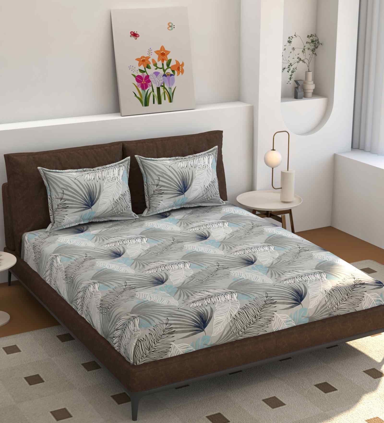 180 TC Microfiber Geometric King Bedsheet with 2 Pillow Covers (Blue, 275x228 CM)