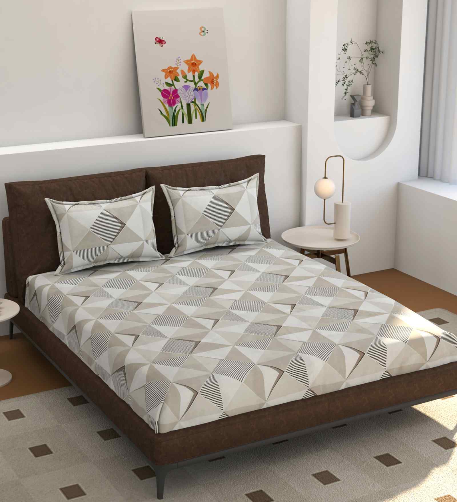 180 TC Microfiber Geometric Single  Bedsheet with 1 Pillow Cover (Tan, 155x228 CM)