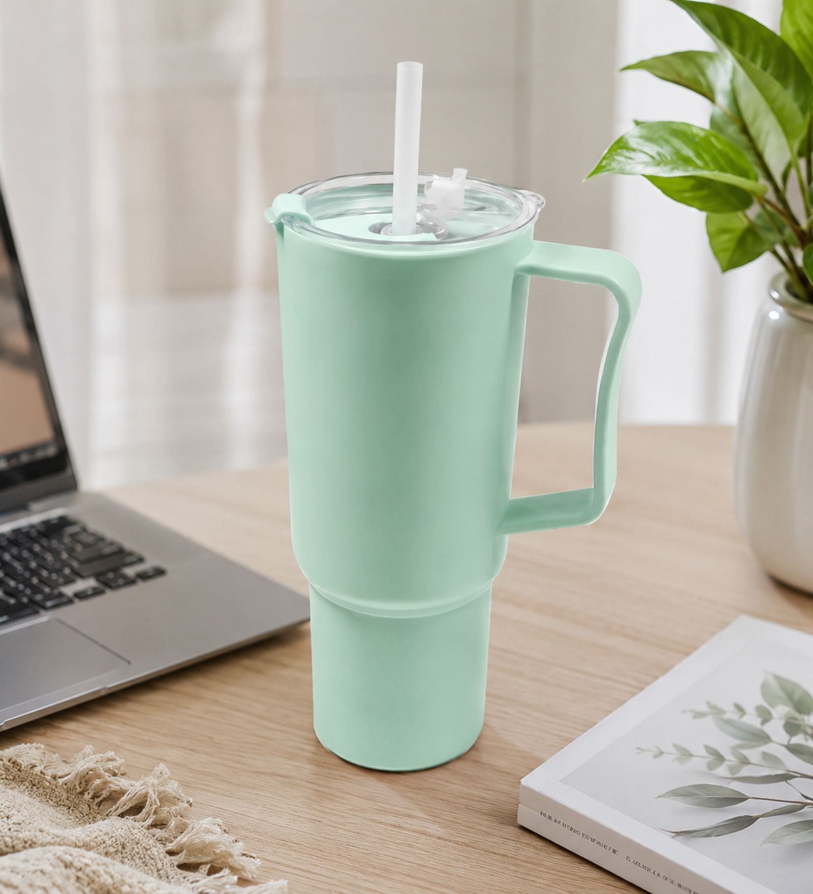 1800 Ml- Mint Green Plastic Tumbler with Handle & Straw Lid
