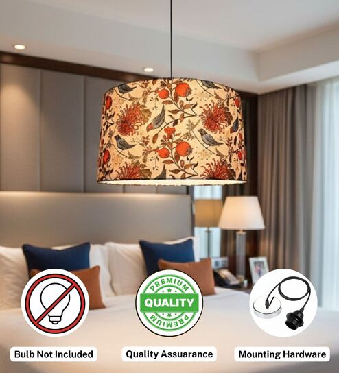 btr crafts 18-Inch Bird & Floral Printed Fabric Drum Pendant Light, Modern Hanging Ceiling Lamp for Living Room, Bedroom, Dining Room & Home Decor, Silver Canopy-picture-29