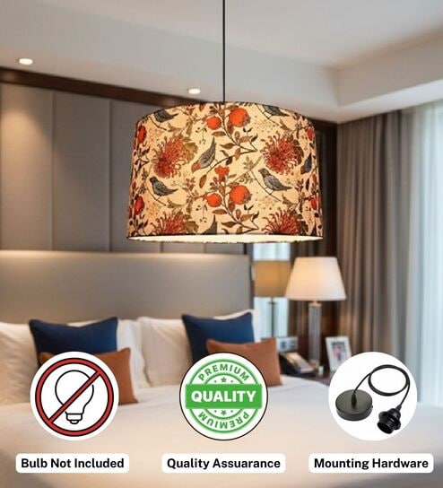 18-Inch Bird & Floral Printed Fabric Drum Pendant Light, Modern Hanging Ceiling Lamp for Living Room, Bedroom, Dining Room & Home Decor, Black Canopy-image-28