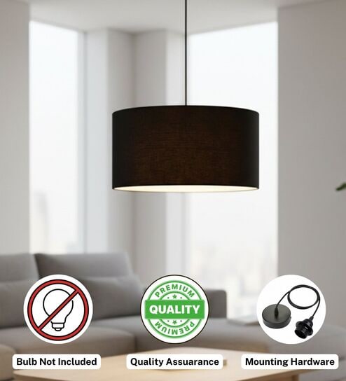 btr crafts 18-Inch Black Fabric Drum Pendant Light, Modern Hanging Ceiling Lamp for Living Room, Bedroom, Dining Room & Home Decor, Black Canopy-picture-29