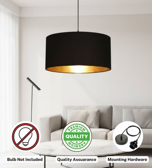 btr crafts 18-Inch Black Gold Fabric Drum Pendant Light, Modern Hanging Ceiling Lamp for Living Room, Bedroom, Dining Room & Home Decor, Black Canopy-picture-30