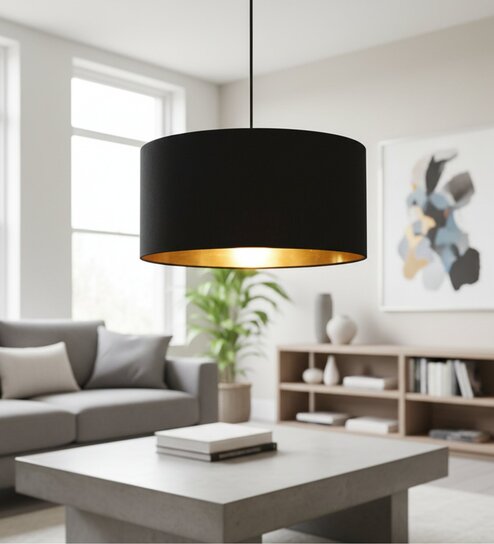 18-Inch Black Gold Fabric Drum Pendant Light, Modern Hanging Ceiling Lamp