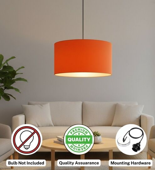 btr crafts 18-Inch Orange Fabric Drum Pendant Light, Modern Hanging Ceiling Lamp for Living Room, Bedroom, Dining Room & Home Decor, Silver Canopy-picture-34