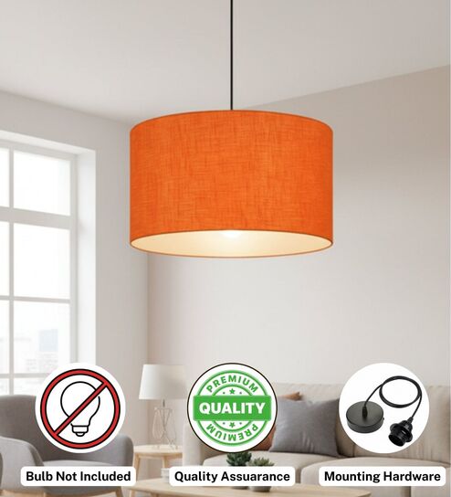 btr crafts 18-Inch Orange Texture Fabric Drum Pendant Light, Modern Hanging Ceiling Lamp for Living Room, Bedroom, Dining Room & Home Decor, Black Canopy-picture-17