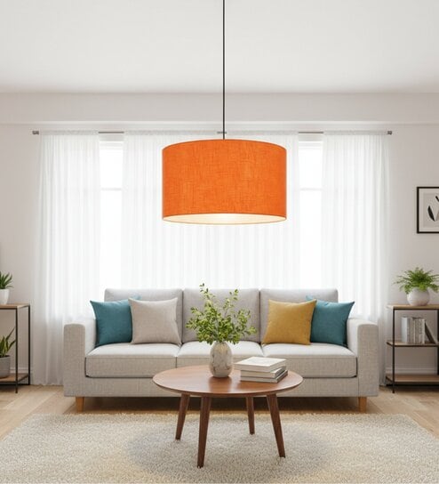18-Inch Orange Texture Fabric Drum Pendant Light, Modern Hanging Ceiling Lamp