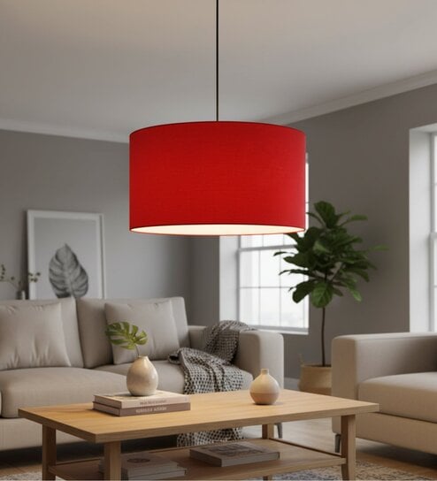 18-Inch Red Fabric Drum Pendant Light, Modern Hanging Ceiling Lamp