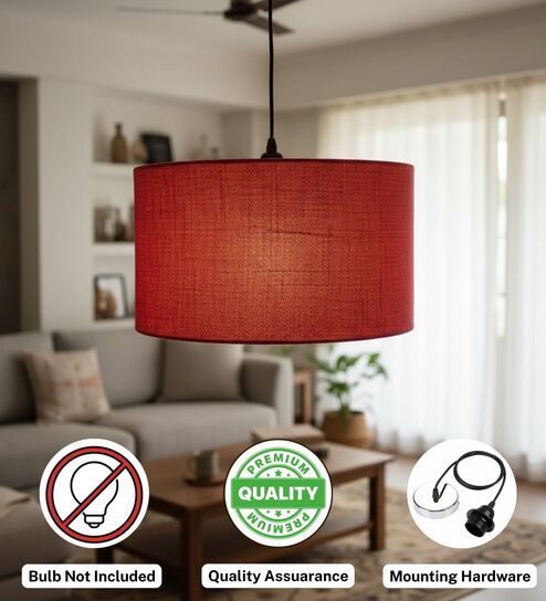 btr crafts 18-Inch Red Jute Fabric Drum Pendant Light, Modern Hanging Ceiling Lamp for Living Room, Bedroom, Dining Room & Home Decor, Silver Canopy-picture-27