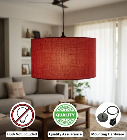 btr crafts 18-Inch Red Jute Fabric Drum Pendant Light, Modern Hanging Ceiling Lamp for Living Room, Bedroom, Dining Room & Home Decor, Black Canopy-picture-37