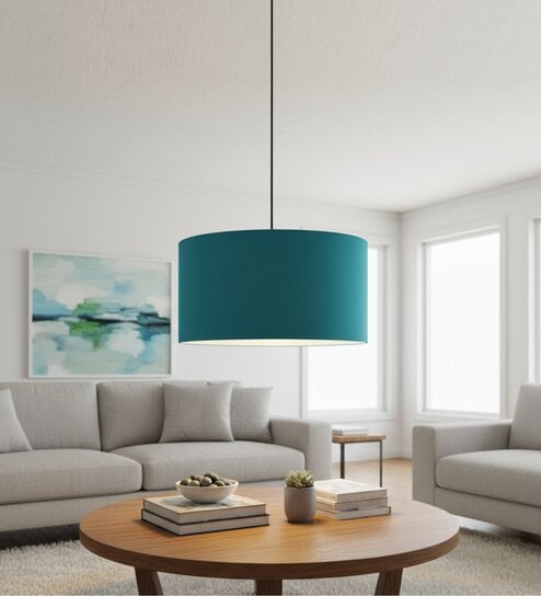 18-Inch Teal Fabric Drum Pendant Light, Modern Hanging Ceiling Lamp