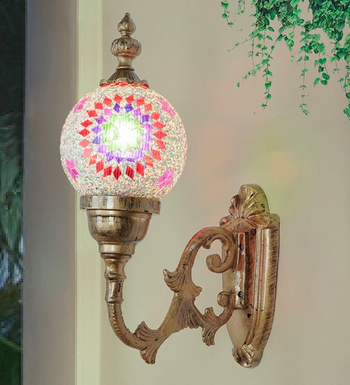 18-Inch Traditional Outdoor Wall Sconce | Star Pattern Multicolor Mosaic on Cast Aluminium