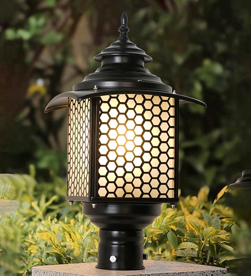 18-Inch Victorian Hexagonal Mesh Gate Light | Black Aluminum & Steel Outdoor Post Light