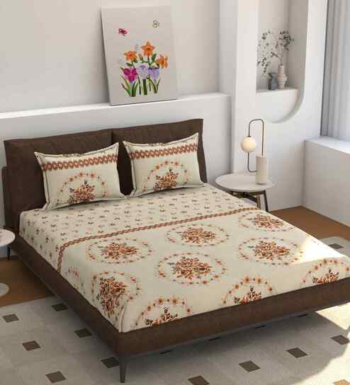 180 TC Microfiber Floral  Fitted Bedsheet with 2 Pillow Covers (Orange, 72x78+10 Inch)
