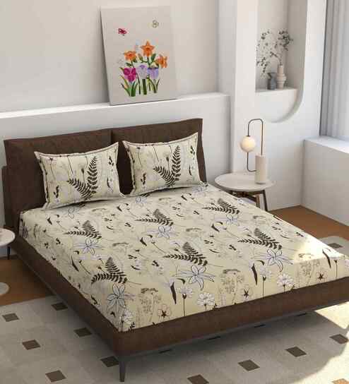 180 TC Microfiber Floral  Single  Bedsheet with 1 Pillow Cover (Cream, 155x228 CM)