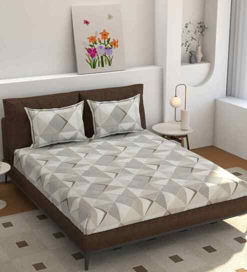180 TC Microfiber Geometric Single  Bedsheet with 1 Pillow Cover (Tan, 155x228 CM)