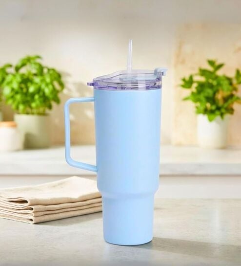 1200 Ml- Blue Plastic Tumbler with Handle & Straw Lid-image-30