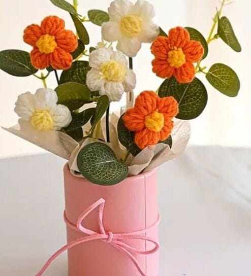 Yellow And Orange Artificial Crochet Flowers Bouquet With Pot