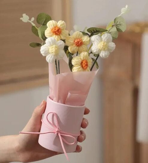 Yellow And White Artificial Crochet Flowers Bouquet With Pot