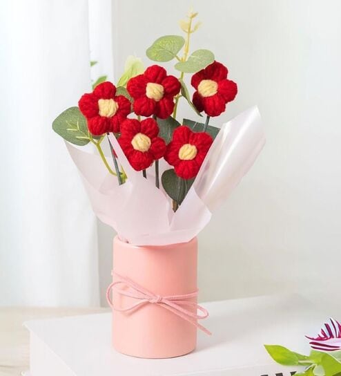 Red Artificial Crochet Flowers Bouquet With Pot
