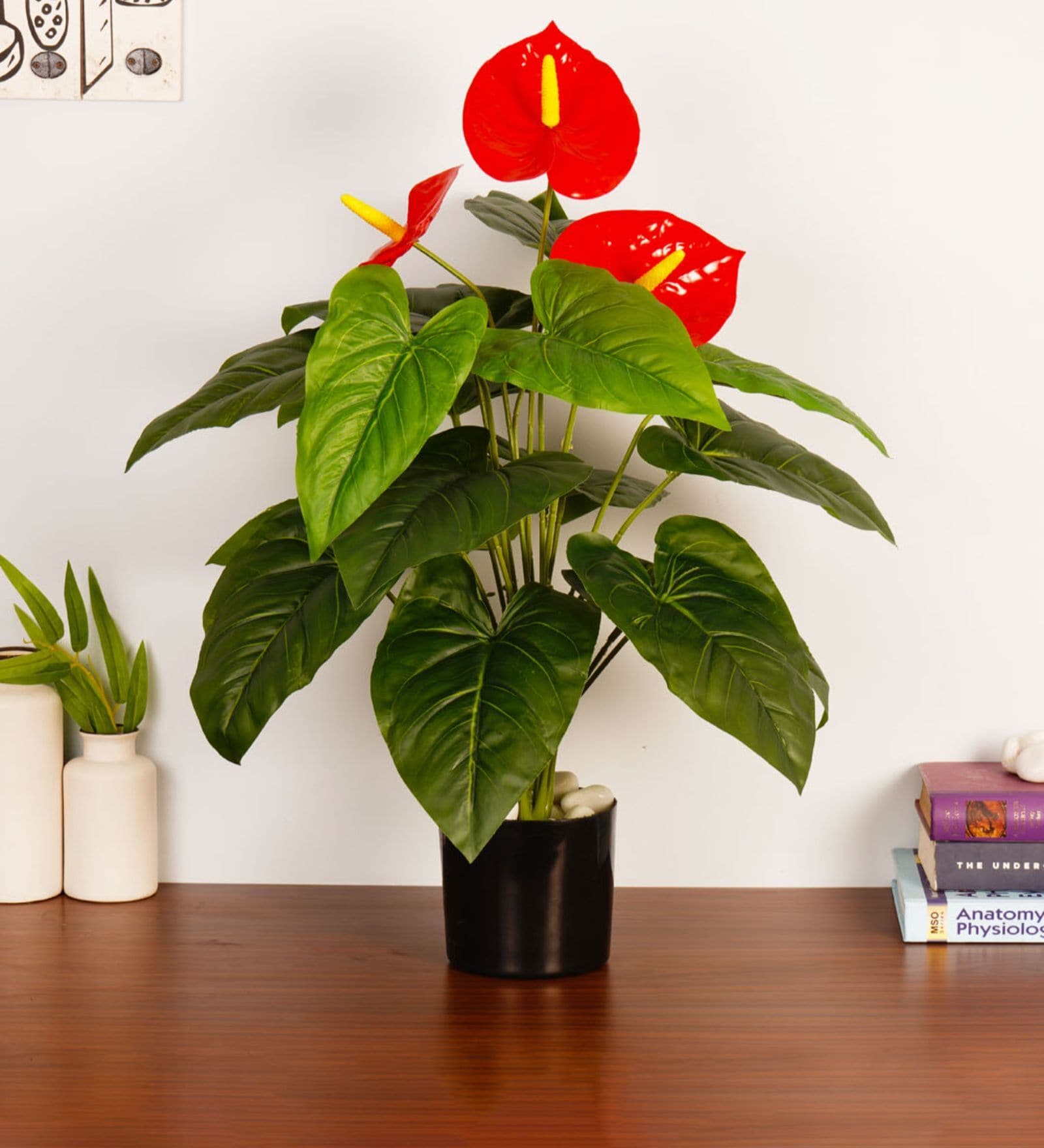 2.1Ft Artificial Anthurium Plant with Red Flowers with Black Pot