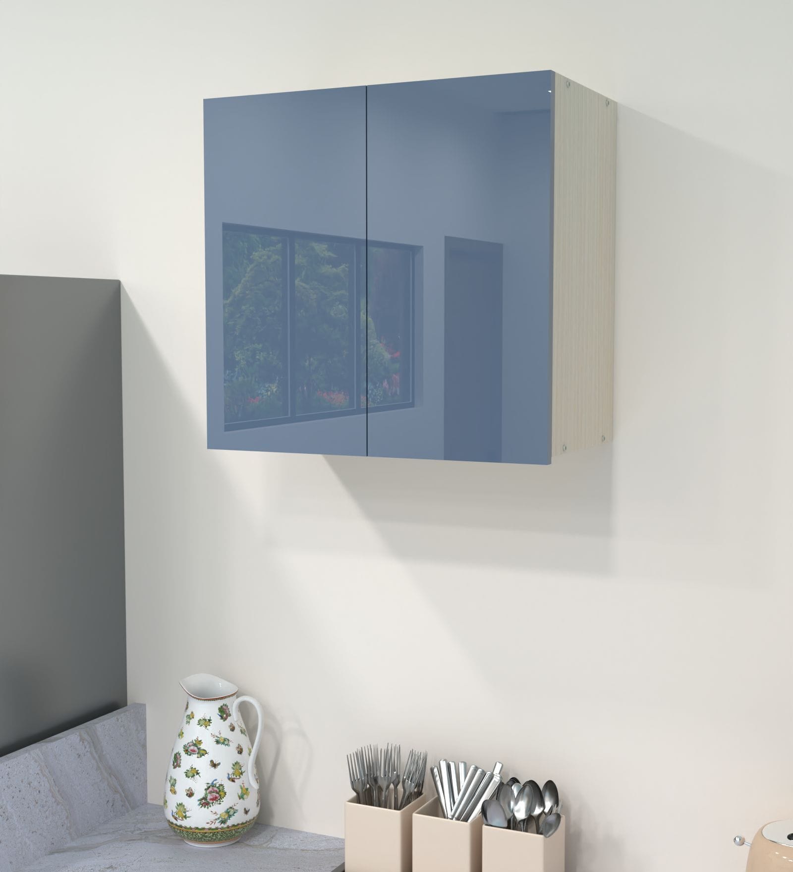 2 Door Mirror Glossy triple layered UV Resistant handless cabinet in Blue Berry Finish