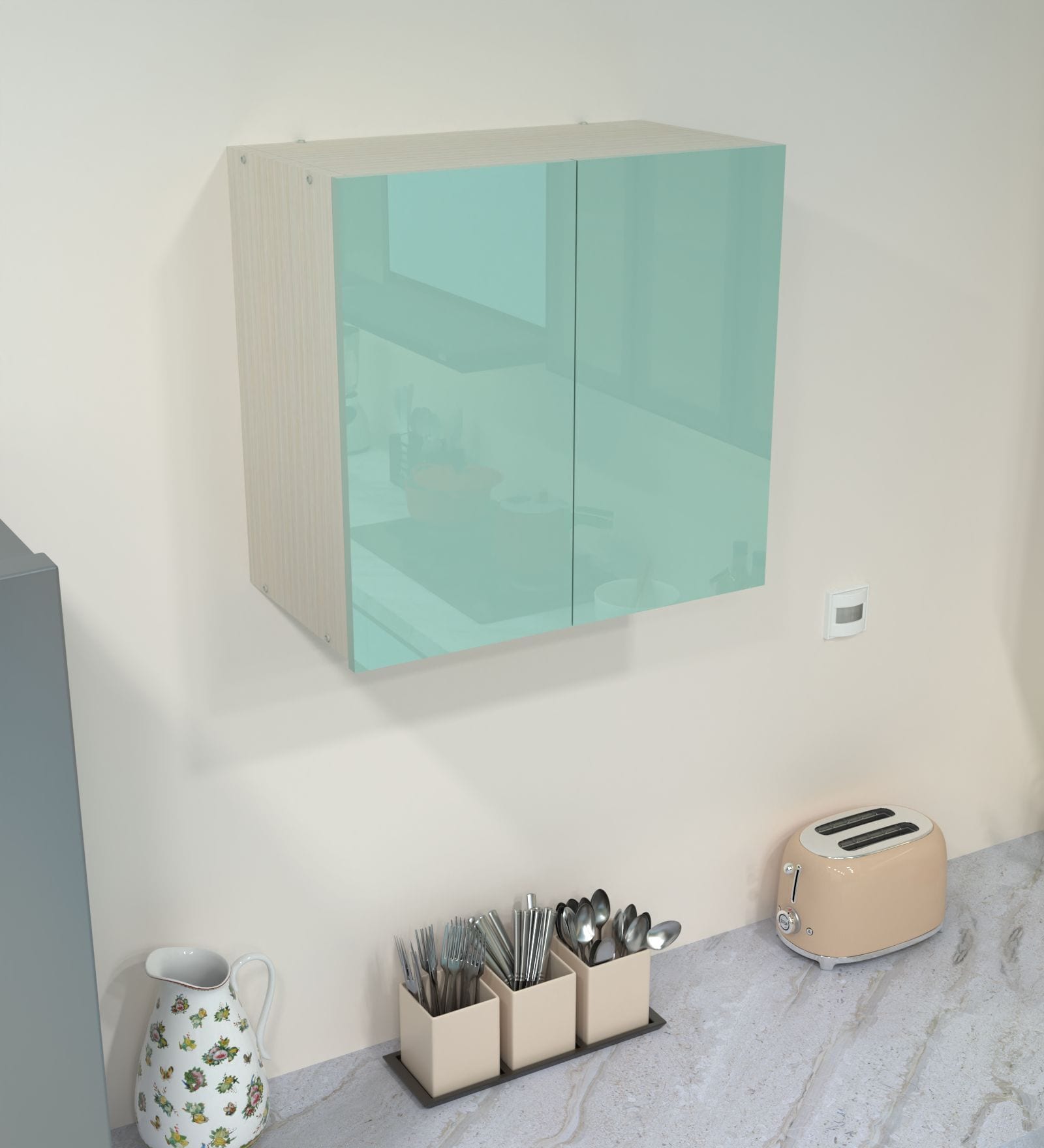2 Door Mirror Glossy triple layered UV Resistant handless cabinet in Mint Finish