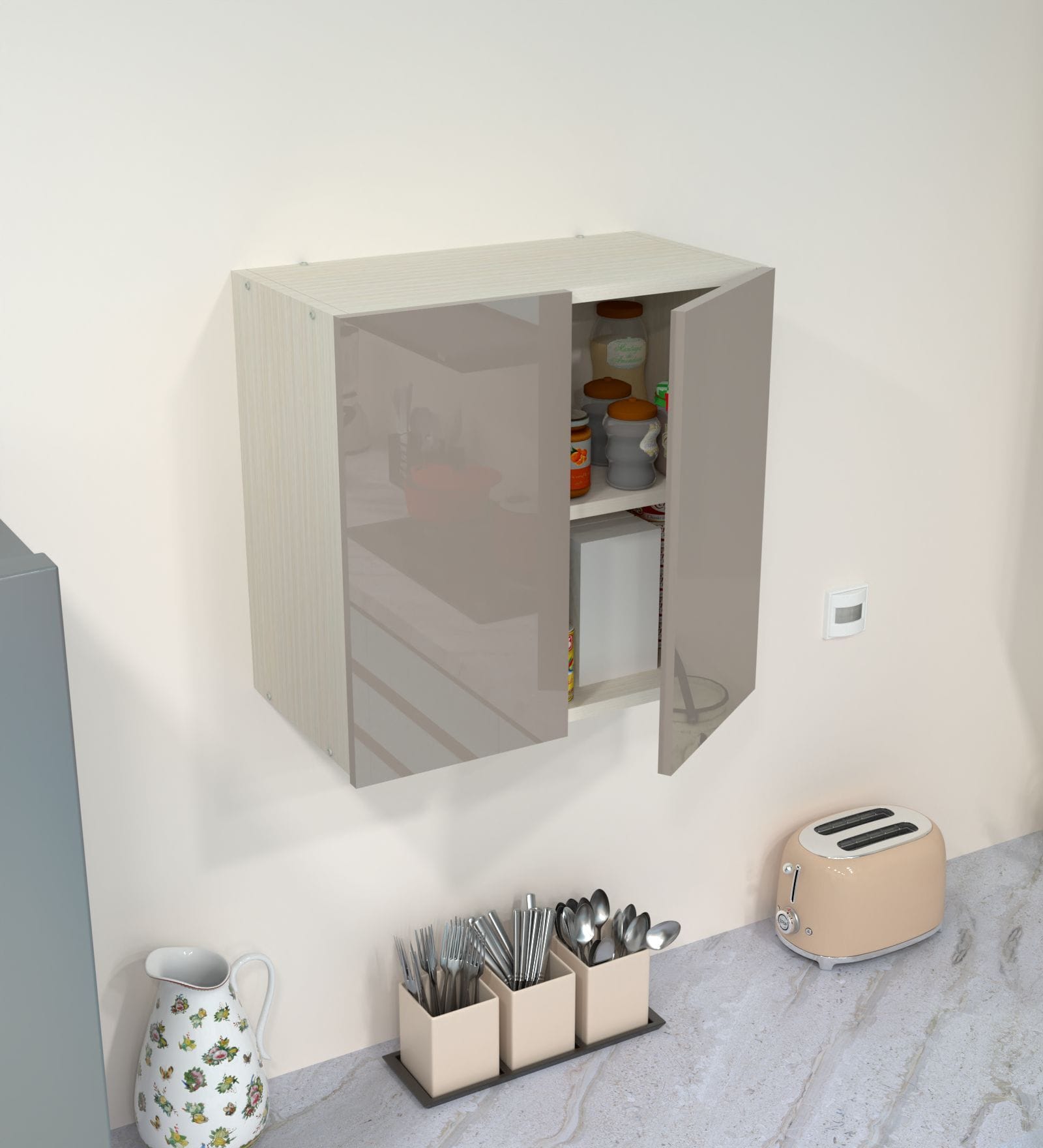2 Door Mirror Glossy triple layered UV Resistant handless cabinet in Mocha Finish