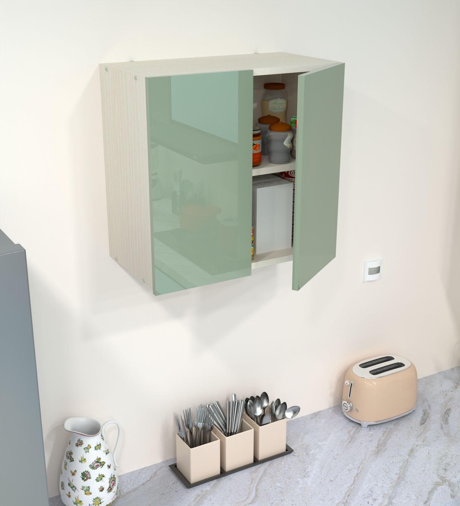 2 Door Mirror Glossy triple layered UV Resistant handless cabinet in Pista Light Finish