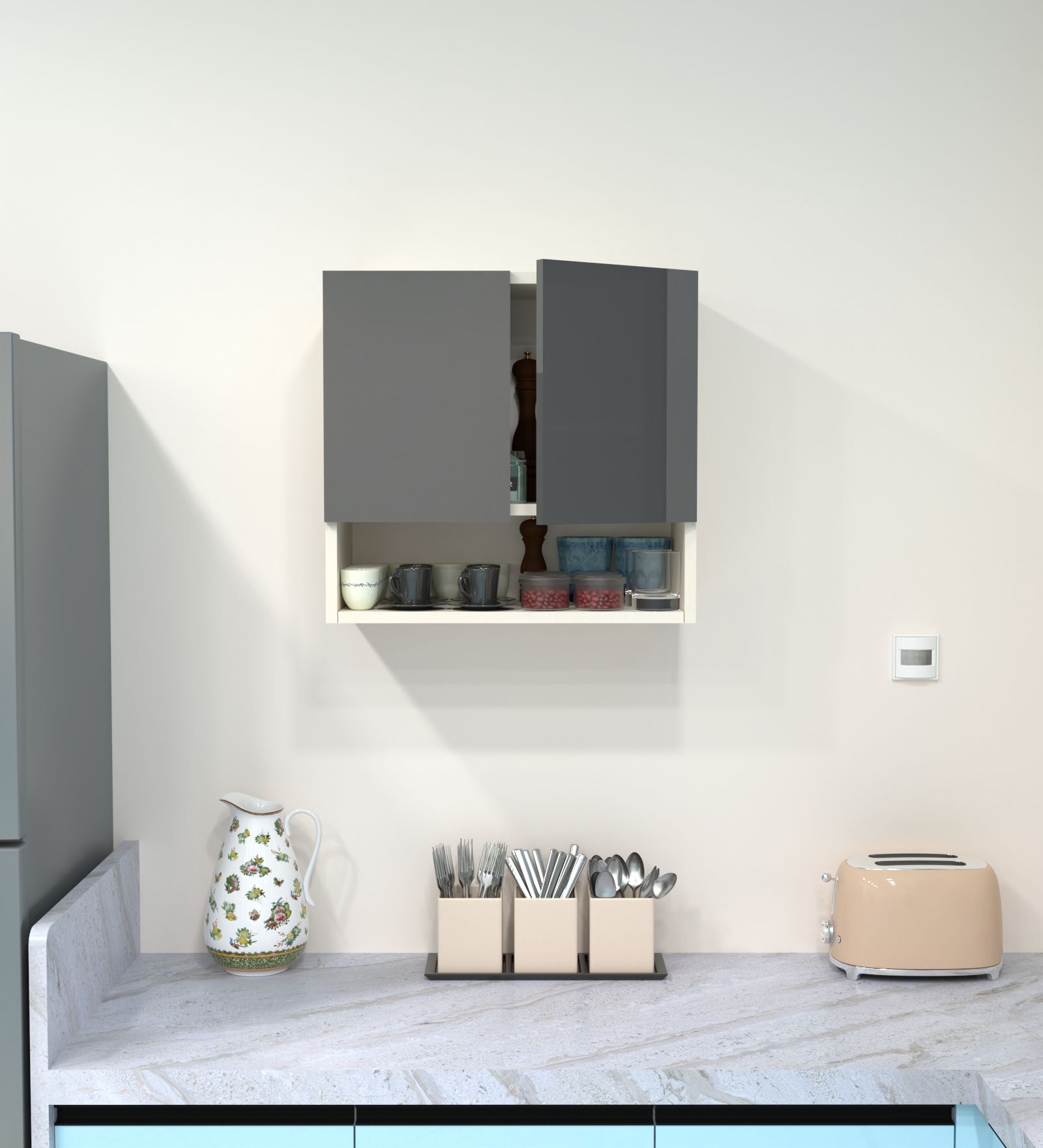 2 Door Mirror Glossy triple layered UV Resistant handless cabinet with Space Organizer in Grey Finish