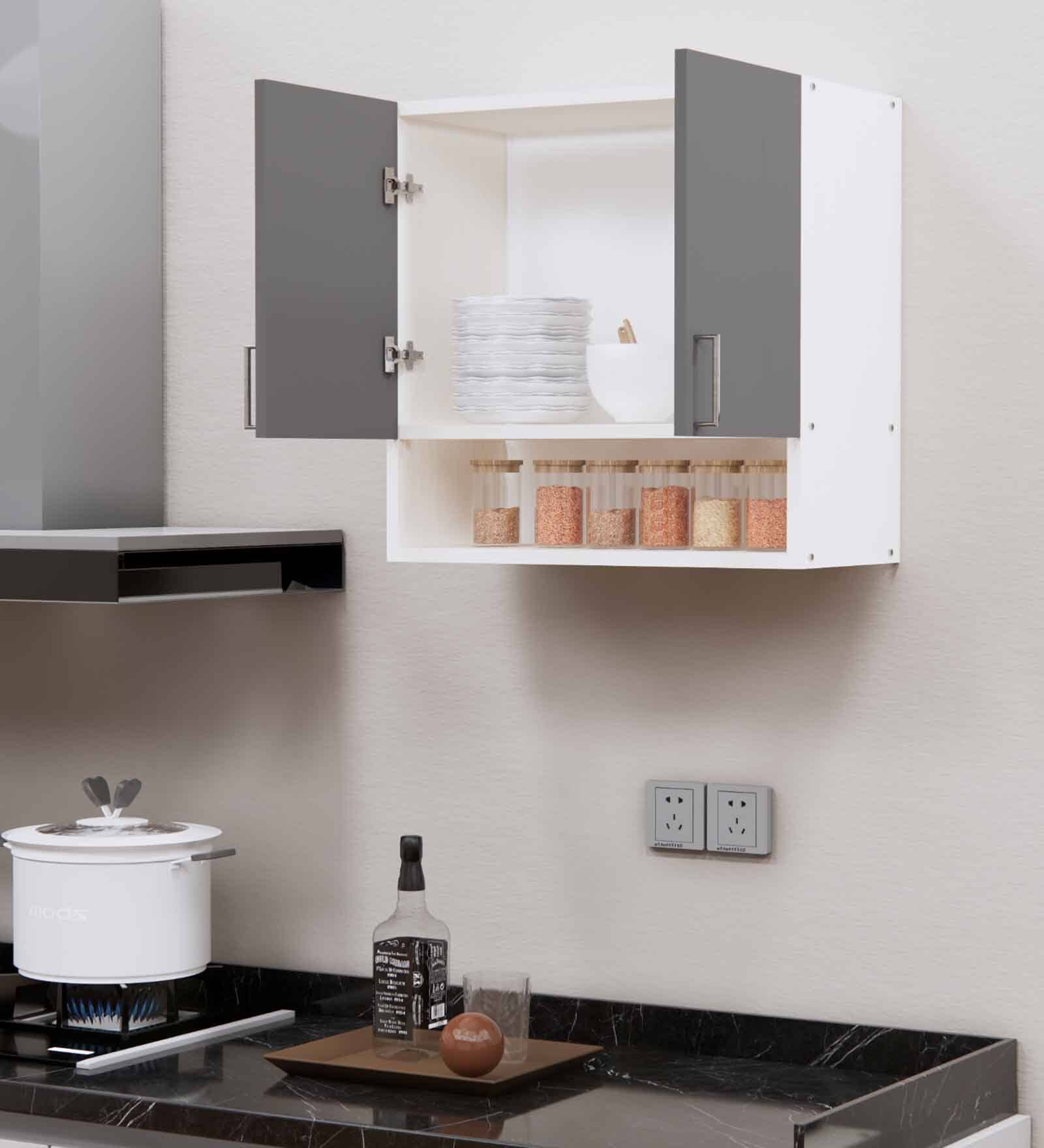2 Doors Modular Wall Mounted Kitchen Cabinet with Organizer Shelf in Slate Grey & Highland Pine Finish