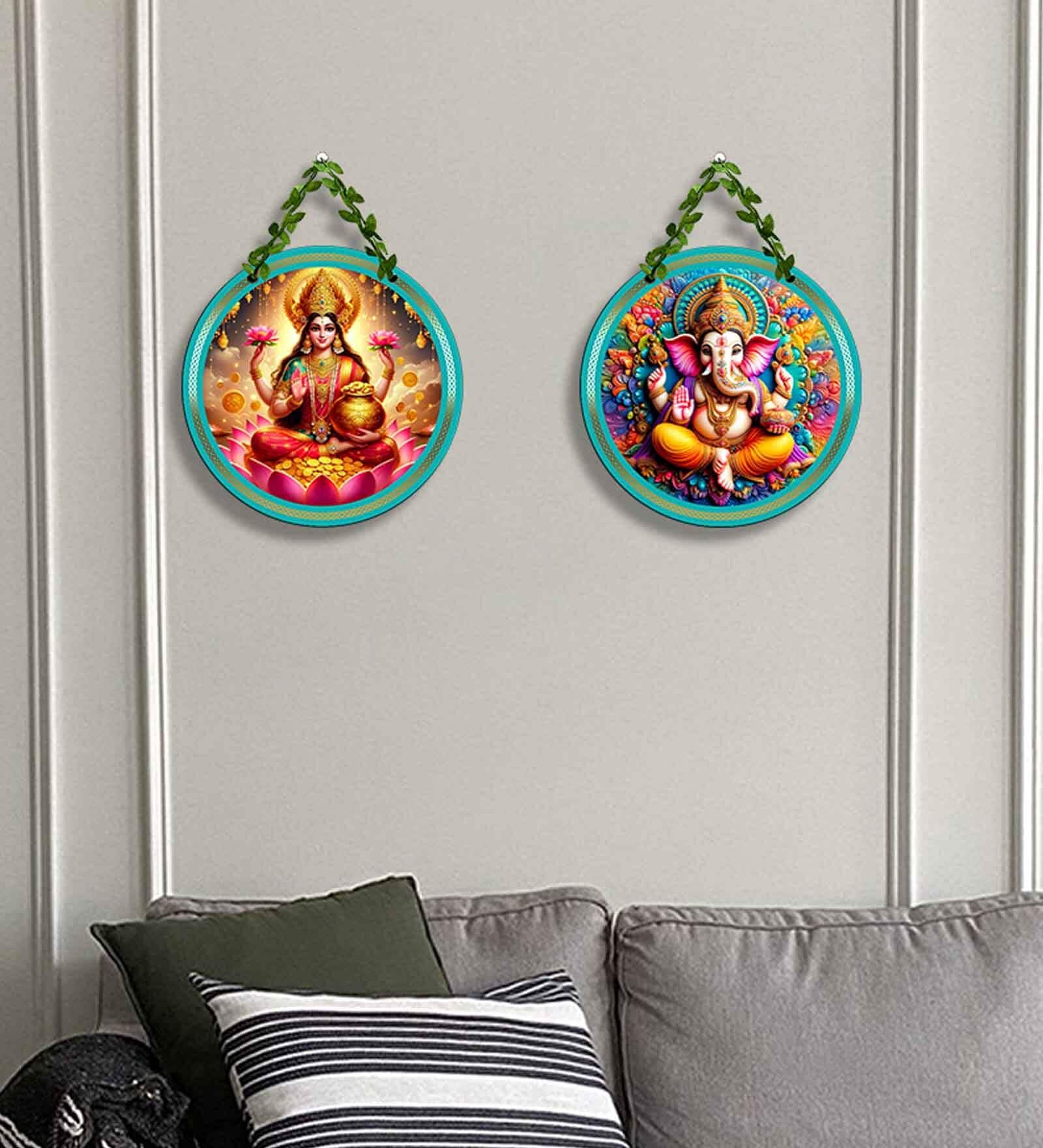 2 Pcs Laxmi Ganesha Wooden Circle Set Hanging