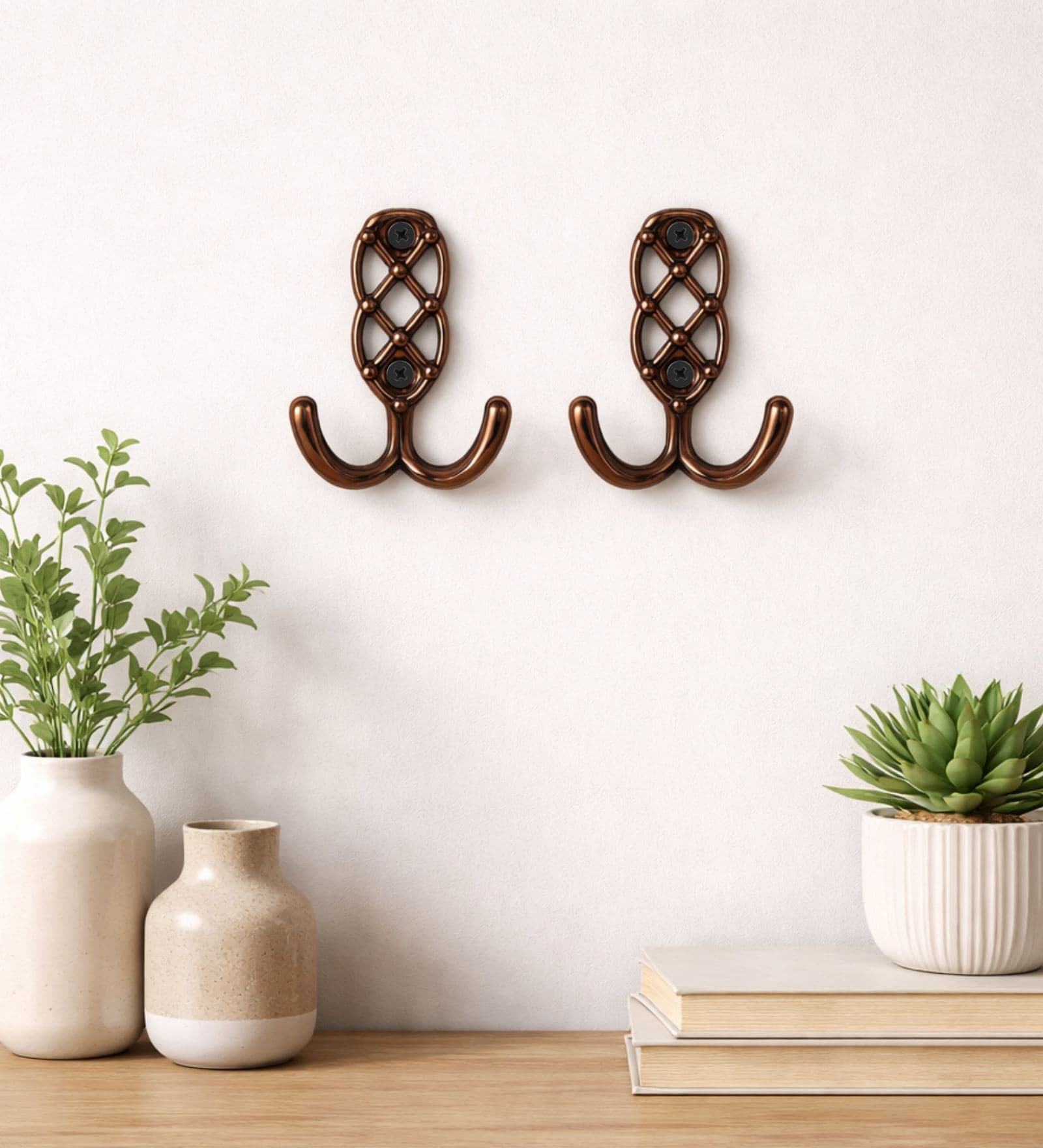 2 Pcs Rose Gold Metal Jaali Wall Hooks