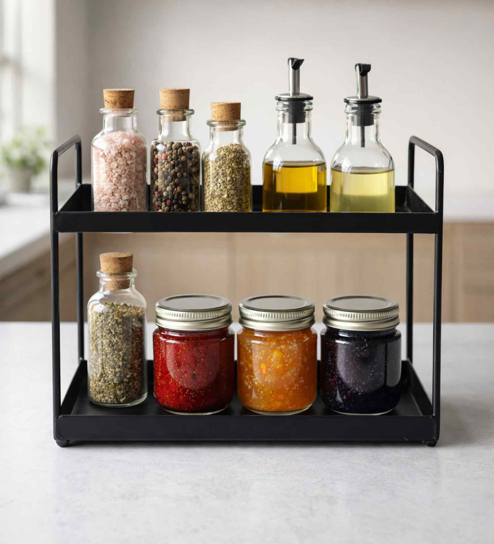 2-Tier Black Metal Countertop Storage Rack