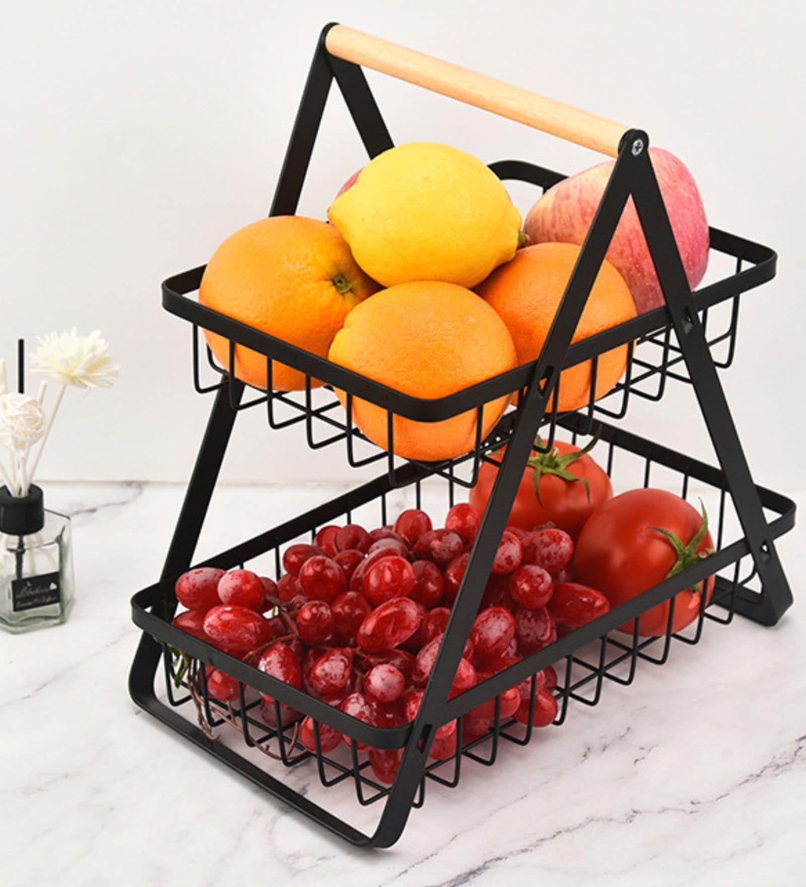 2-Tier Fruit Basket Wooden Handle