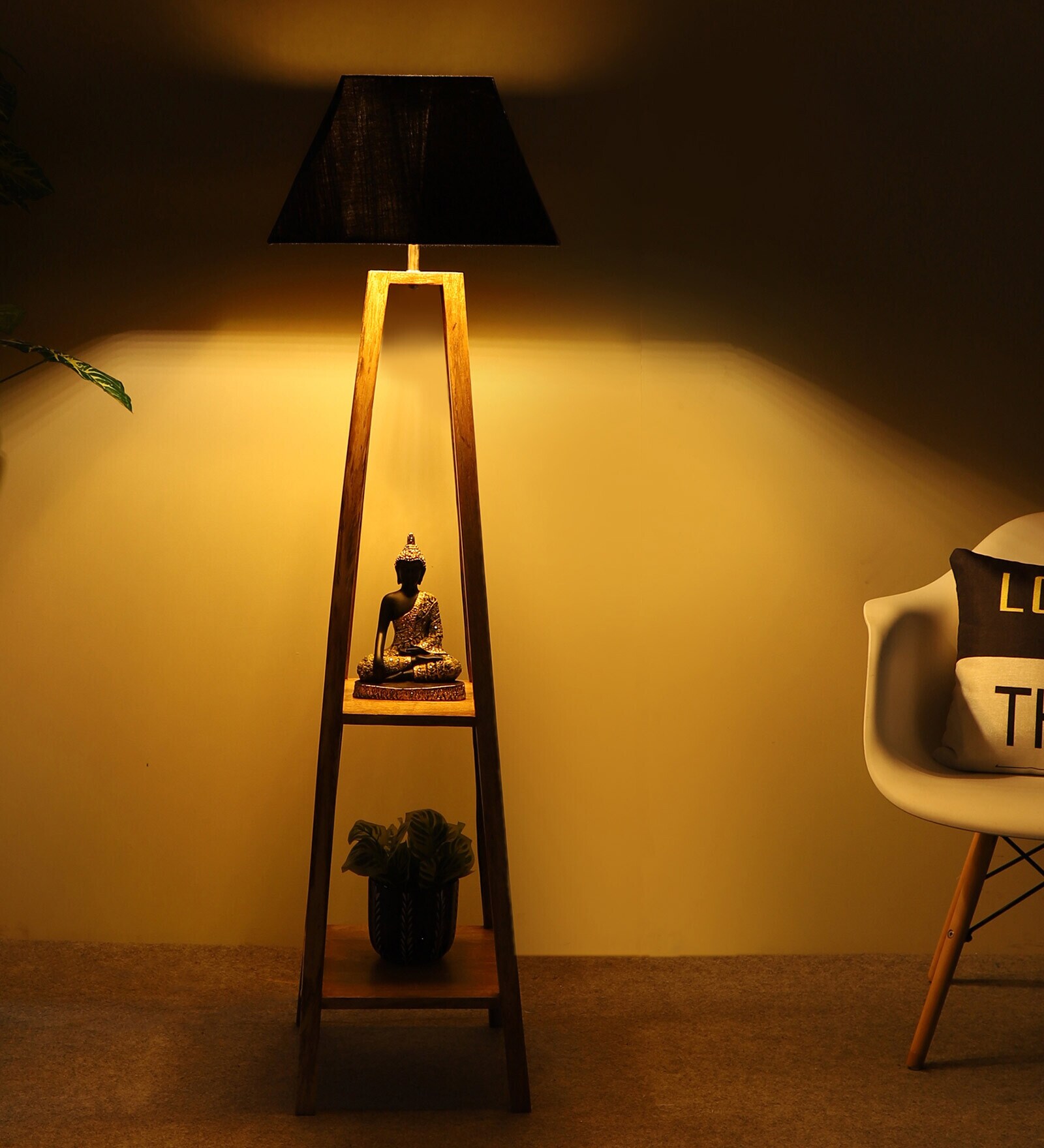 Buy Centaur Black Cotton Shade Shelf Floor Lamp With Mango wood Base at