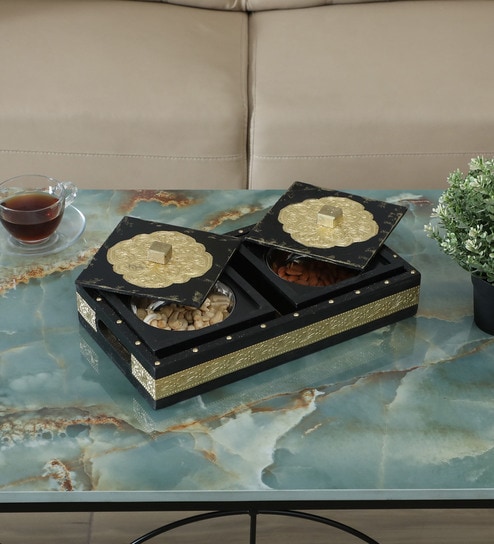 2 BOWL DRY FRUIT TRAY, METAL FITTING, CLASSIC THEME