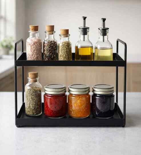 2-Tier Black Metal Countertop Storage Rack