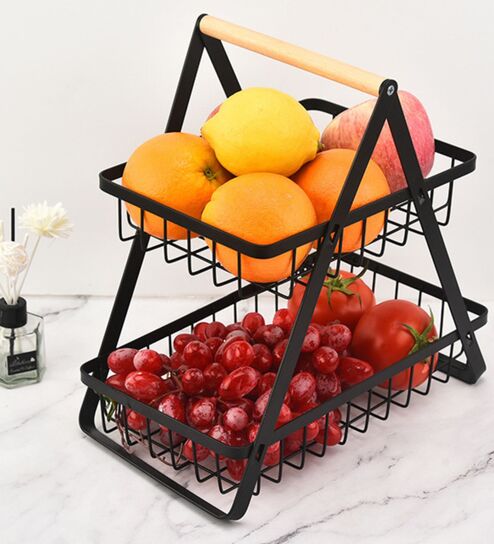 2-Tier Fruit Basket Wooden Handle