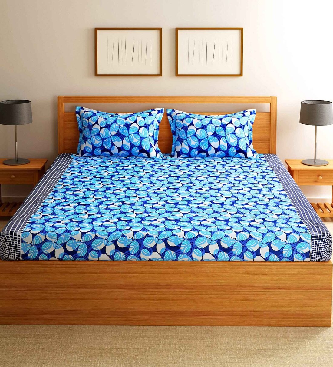 Buy Blue Floral 200 TC Poly Cotton 1 Double Bedsheet with 2 Pillow