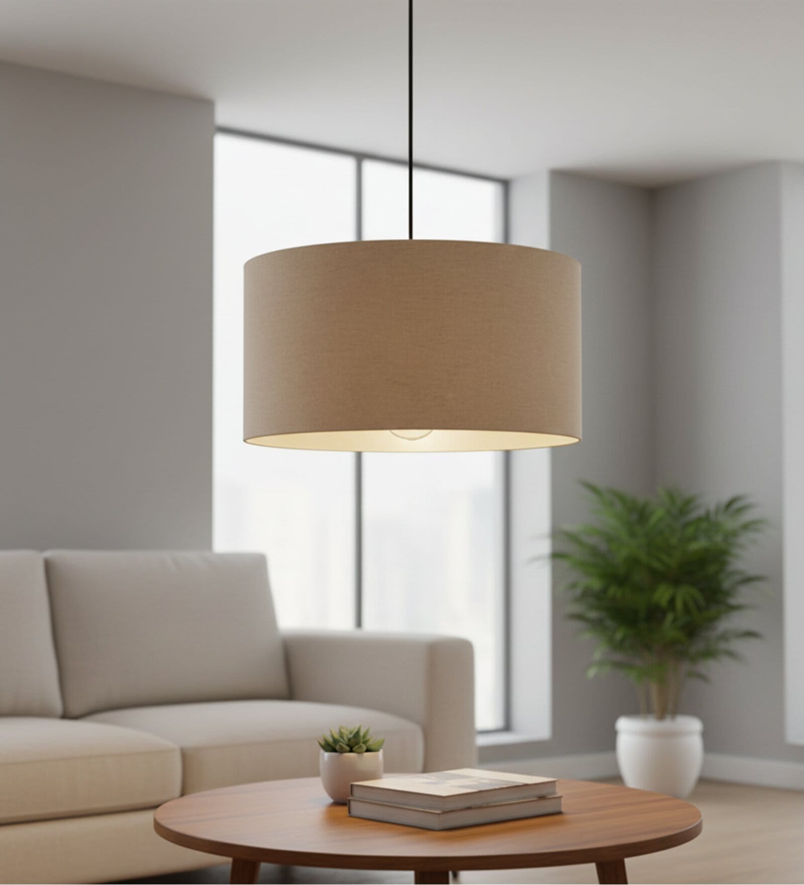 20-Inch Beige Fabric Drum Pendant Light, Modern Hanging Ceiling Lamp