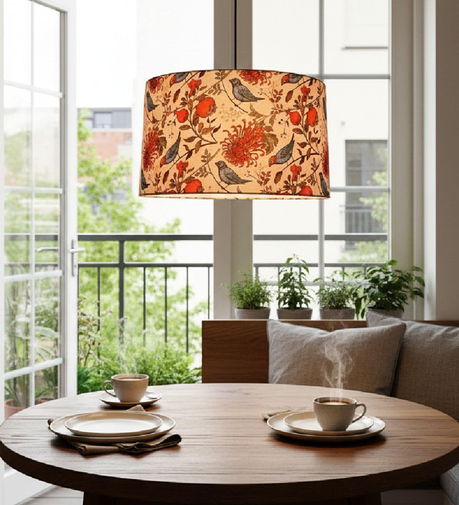 20-Inch Bird & Floral Printed Fabric Drum Pendant Light, Modern Hanging Ceiling Lamp