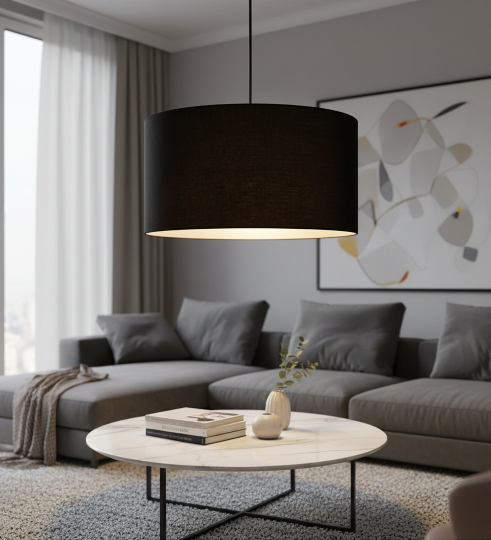 20-Inch Black Fabric Drum Pendant Light, Modern Hanging Ceiling Lamp