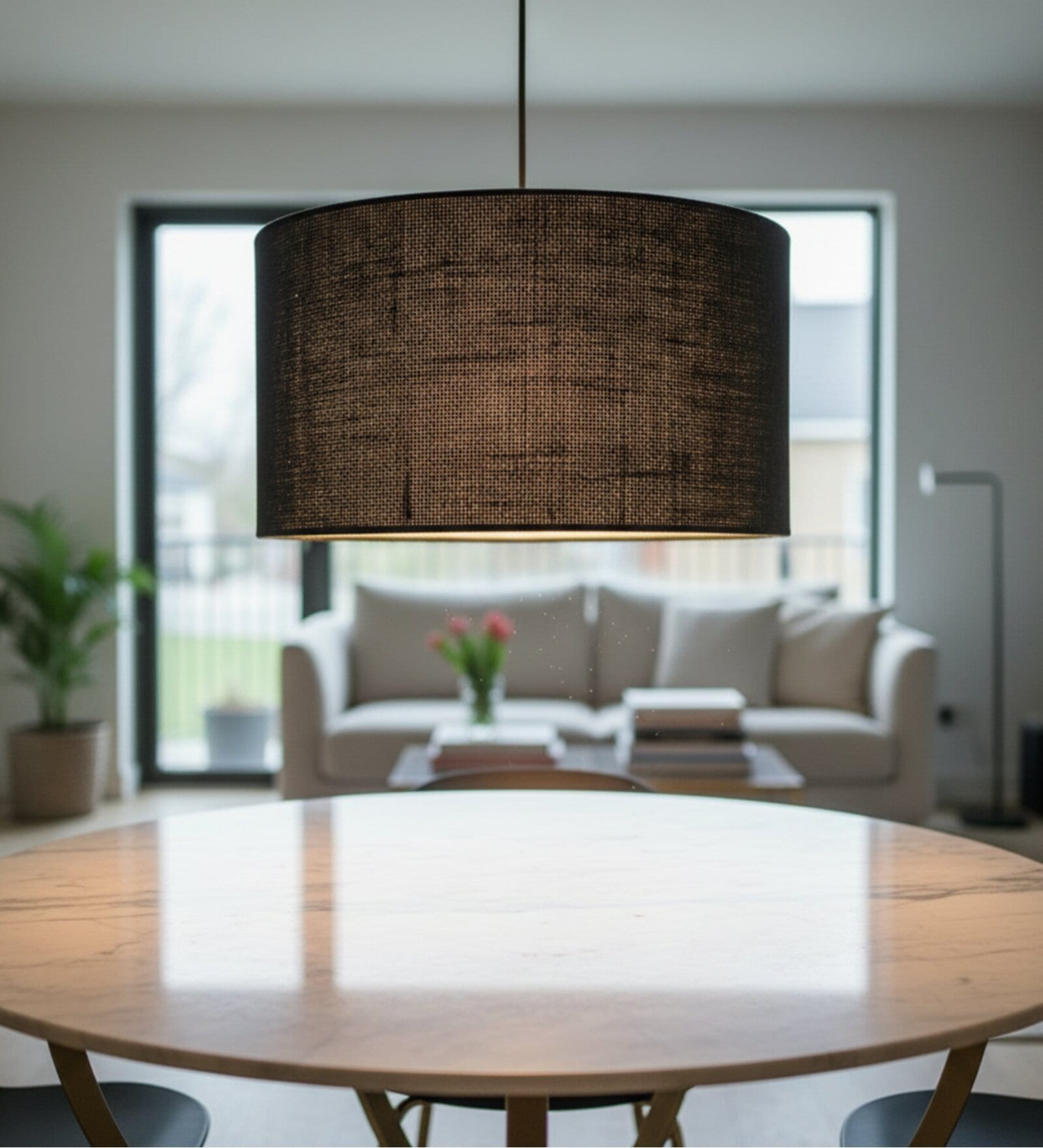 20-Inch Black Jute Fabric Drum Pendant Light